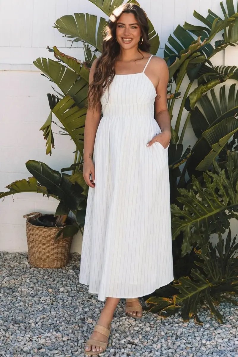 Beige Striped Spaghetti Strap High Waist Maxi Dress with Pockets - Love Salve 