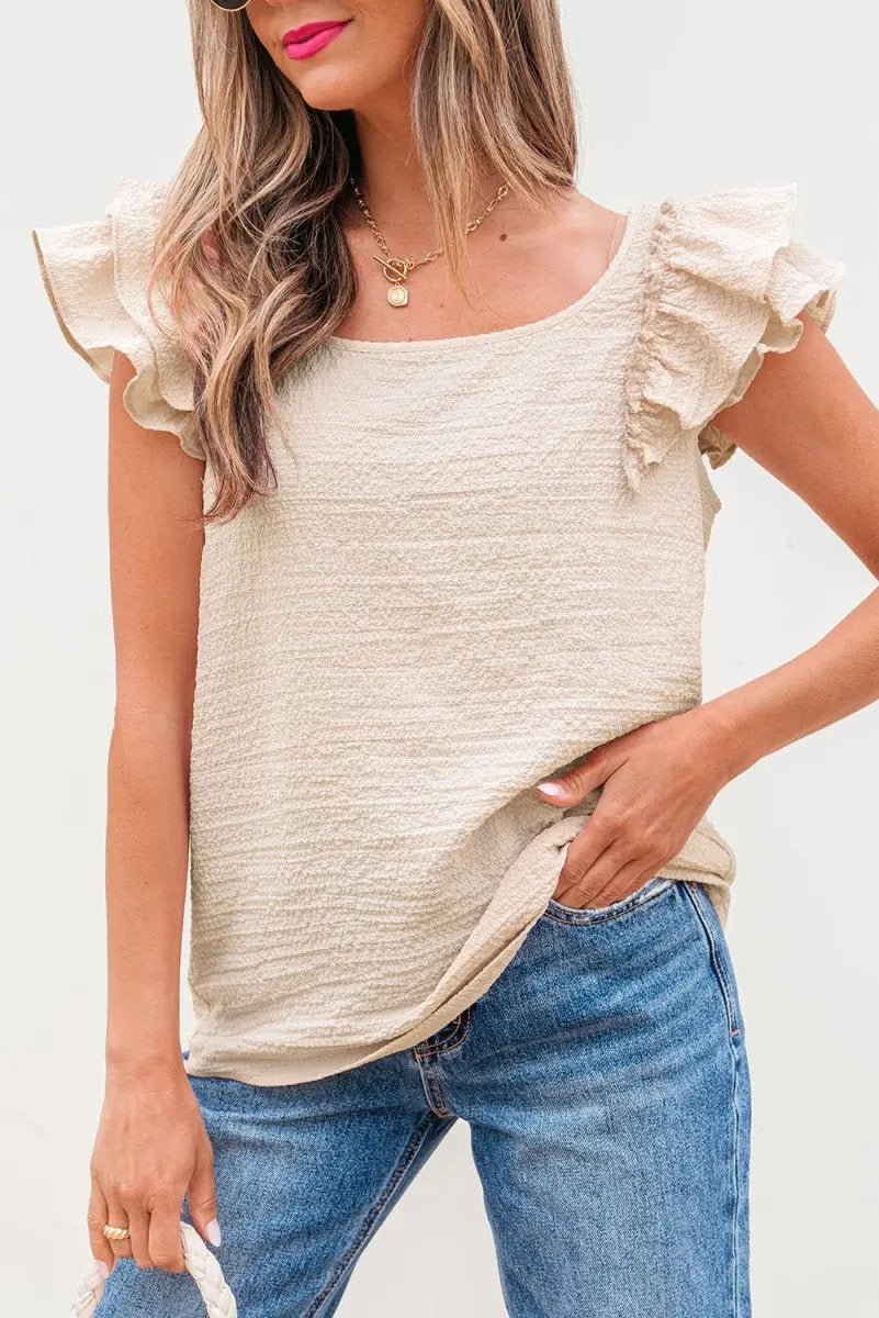 Beige Textured Bow Knot Frilled Butterfly Sleeve Blouse - Love Salve 