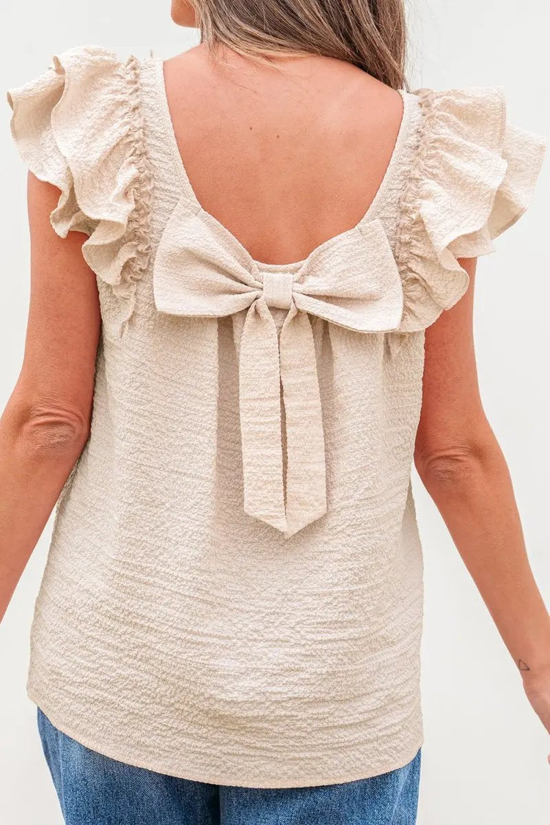 Beige Textured Bow Knot Frilled Butterfly Sleeve Blouse - Love Salve 