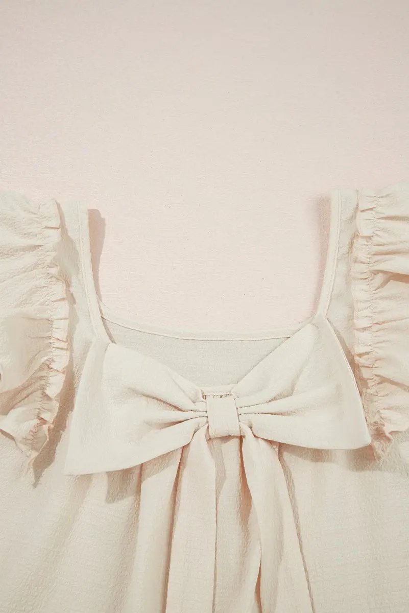 Beige Textured Bow Knot Frilled Butterfly Sleeve Blouse - Love Salve 