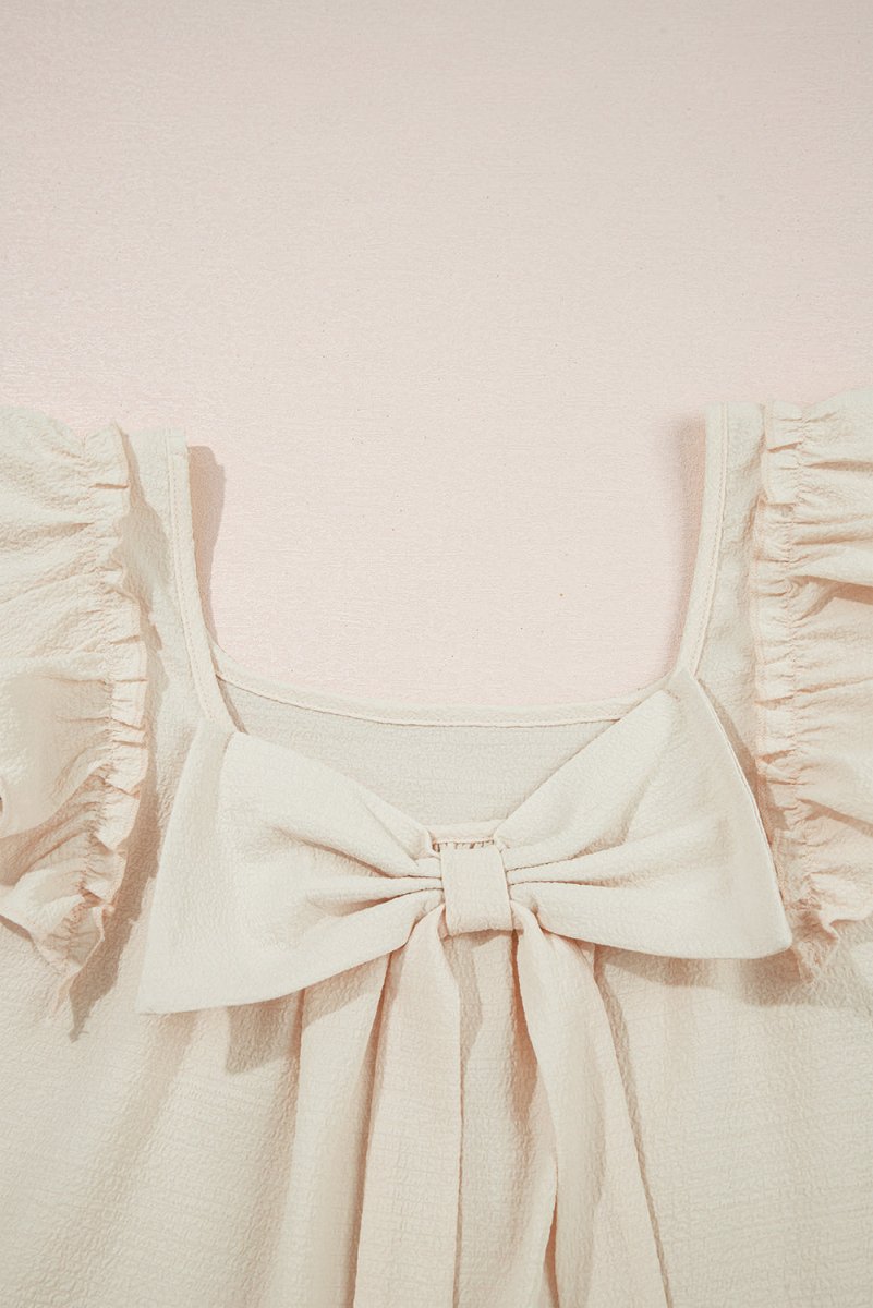 Beige Textured Bow Knot Frilled Butterfly Sleeve Blouse - Love Salve 