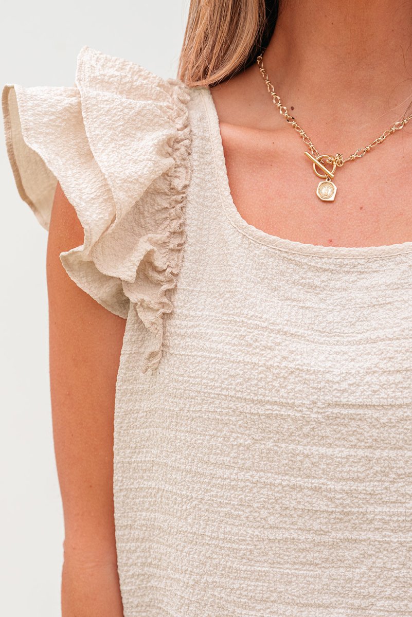 Beige Textured Bow Knot Frilled Butterfly Sleeve Blouse - Love Salve 