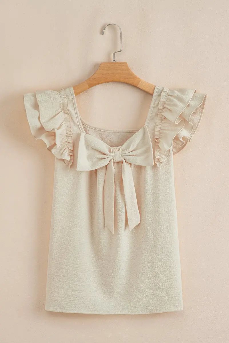Beige Textured Bow Knot Frilled Butterfly Sleeve Blouse - Love Salve 
