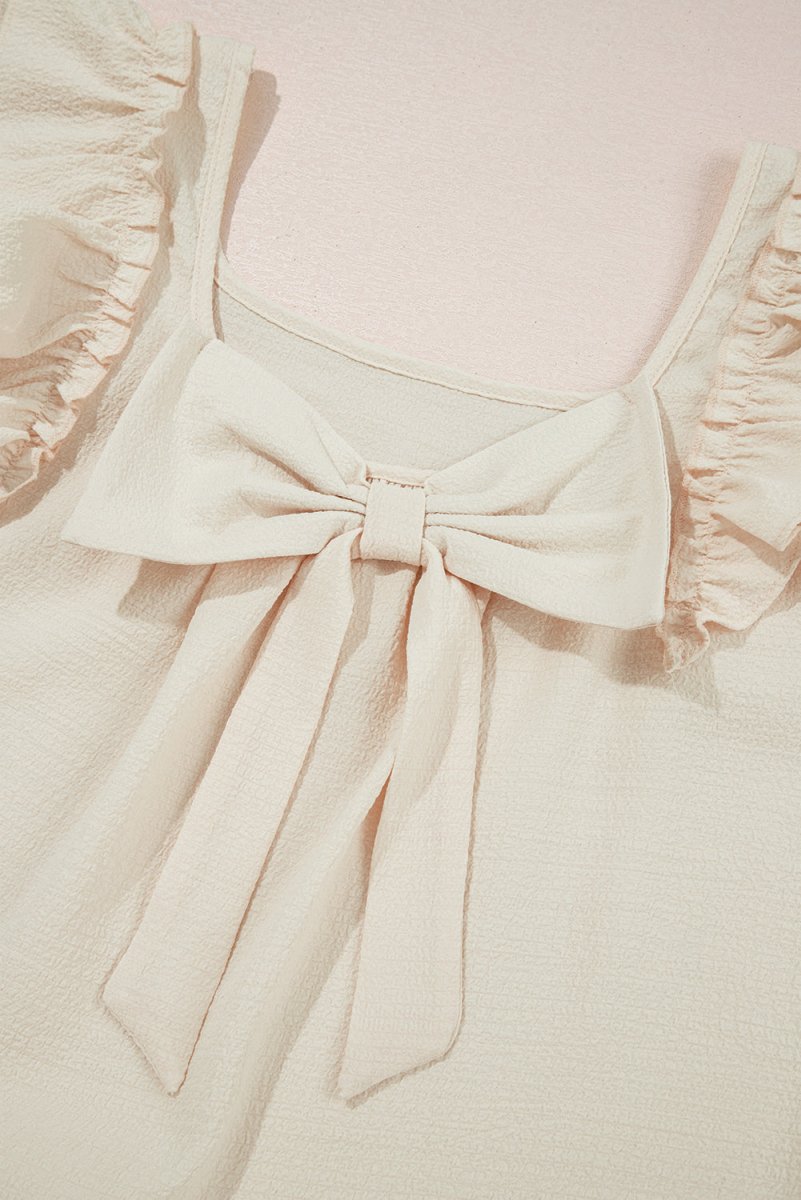 Beige Textured Bow Knot Frilled Butterfly Sleeve Blouse - Love Salve 
