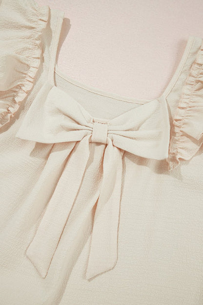 Beige Textured Bow Knot Frilled Butterfly Sleeve Blouse - Love Salve 