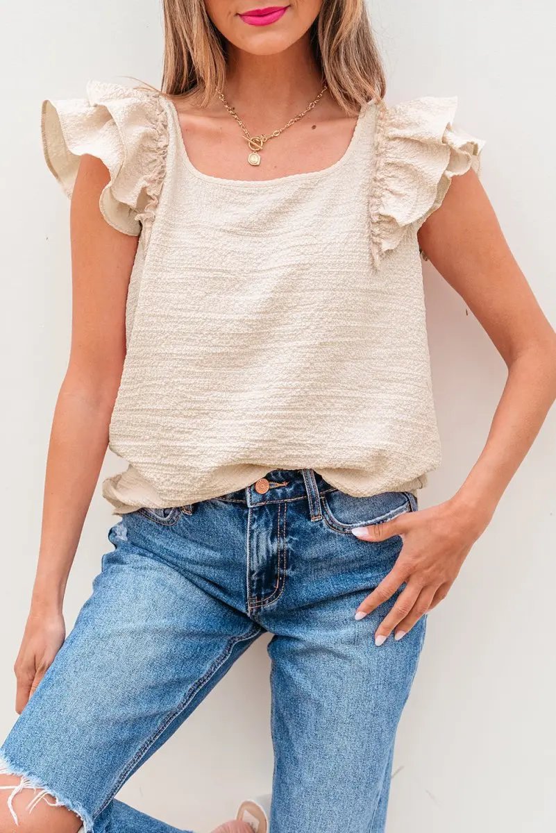 Beige Textured Bow Knot Frilled Butterfly Sleeve Blouse - Love Salve 