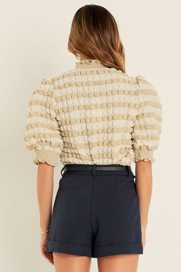 Beige Textured Mock Neck Short Sleeve Blouse for Women - Love Salve 