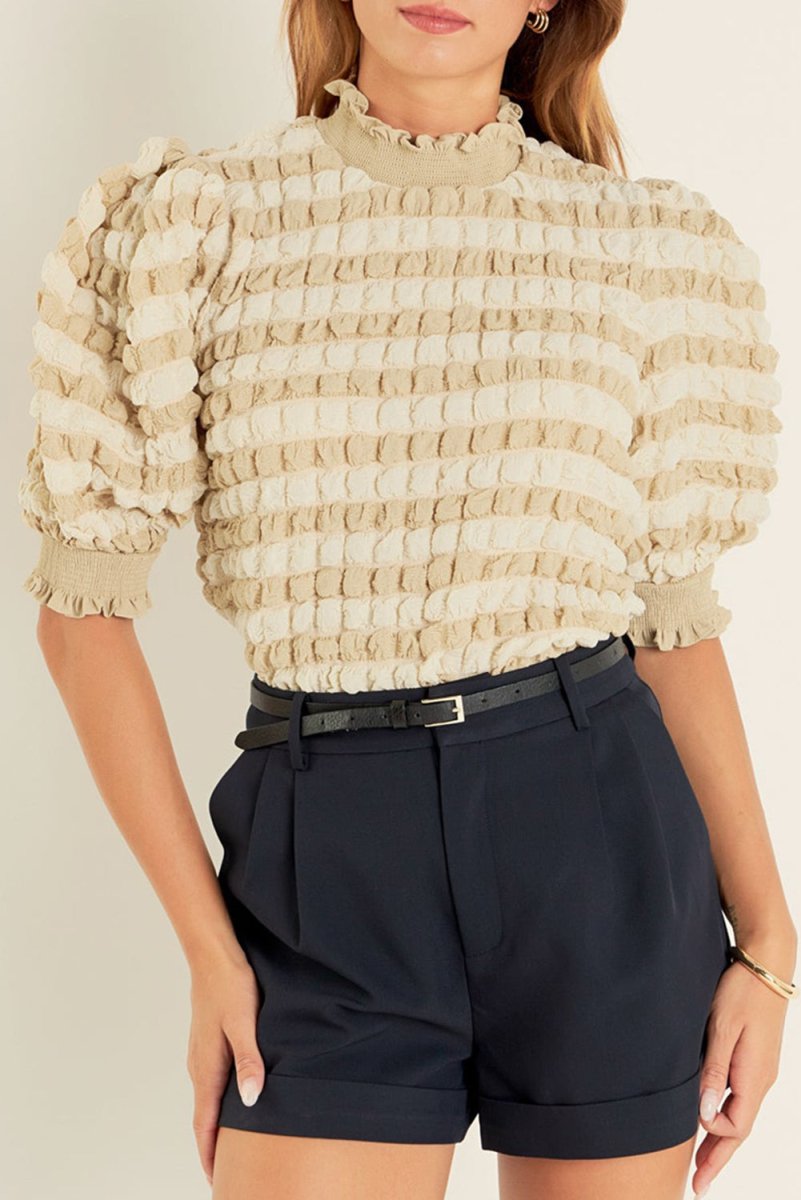 Beige Textured Mock Neck Short Sleeve Blouse for Women - Love Salve 