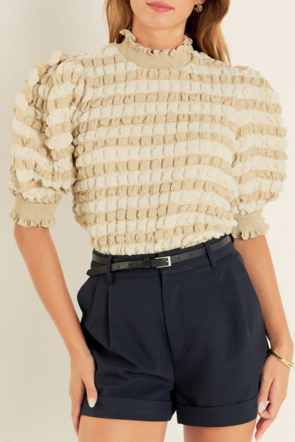 Beige Textured Mock Neck Short Sleeve Blouse for Women - Love Salve 