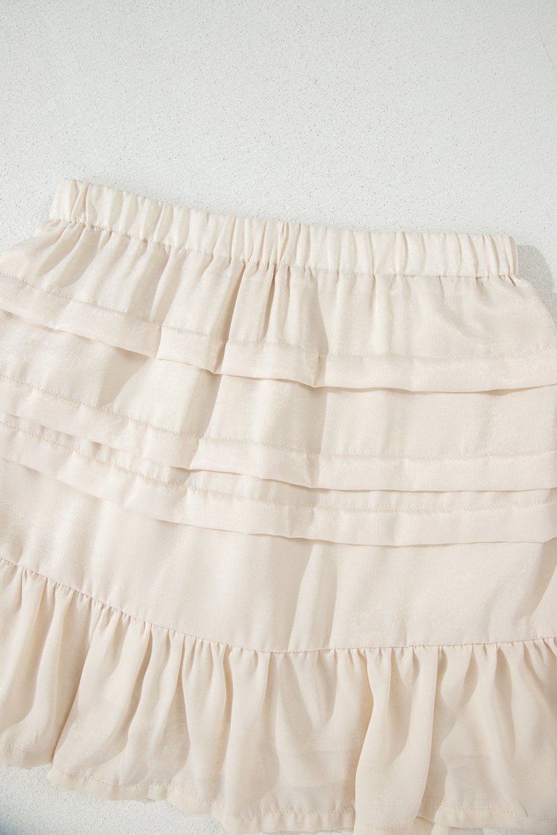 Beige Tiered Ruffled Hemline Elastic Waist Mini Skirt - Love Salve