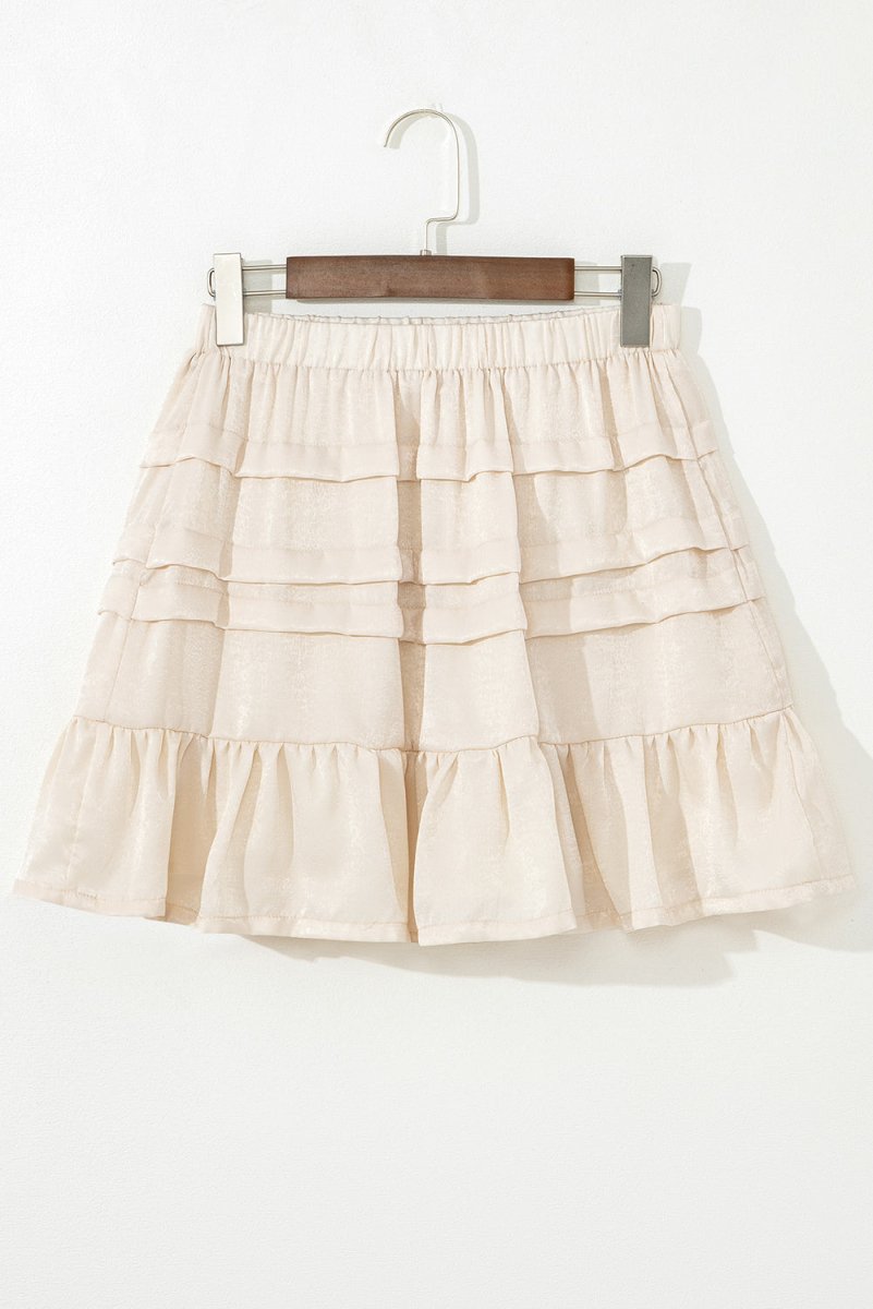 Beige Tiered Ruffled Hemline Elastic Waist Mini Skirt - Love Salve