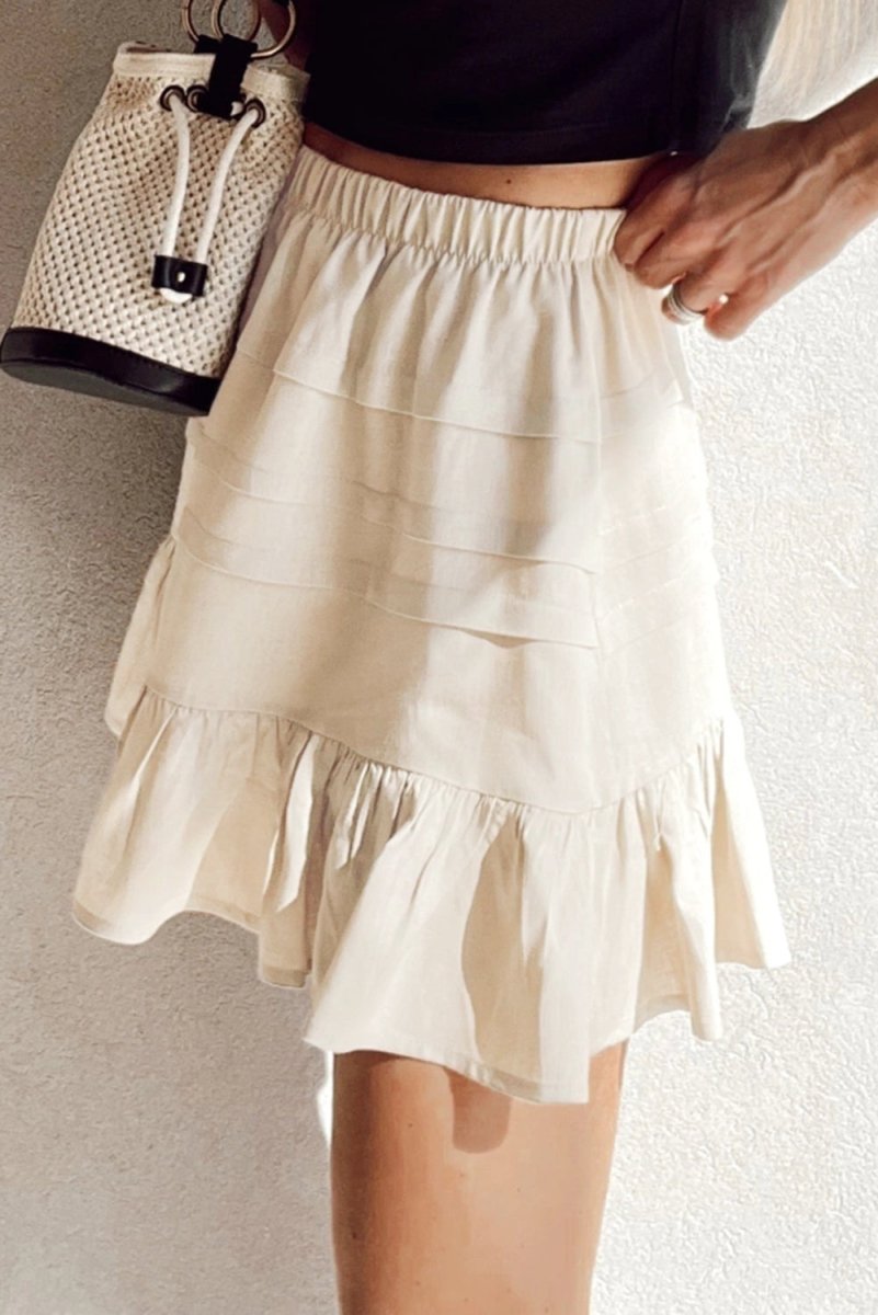 Beige Tiered Ruffled Hemline Elastic Waist Mini Skirt - Love Salve