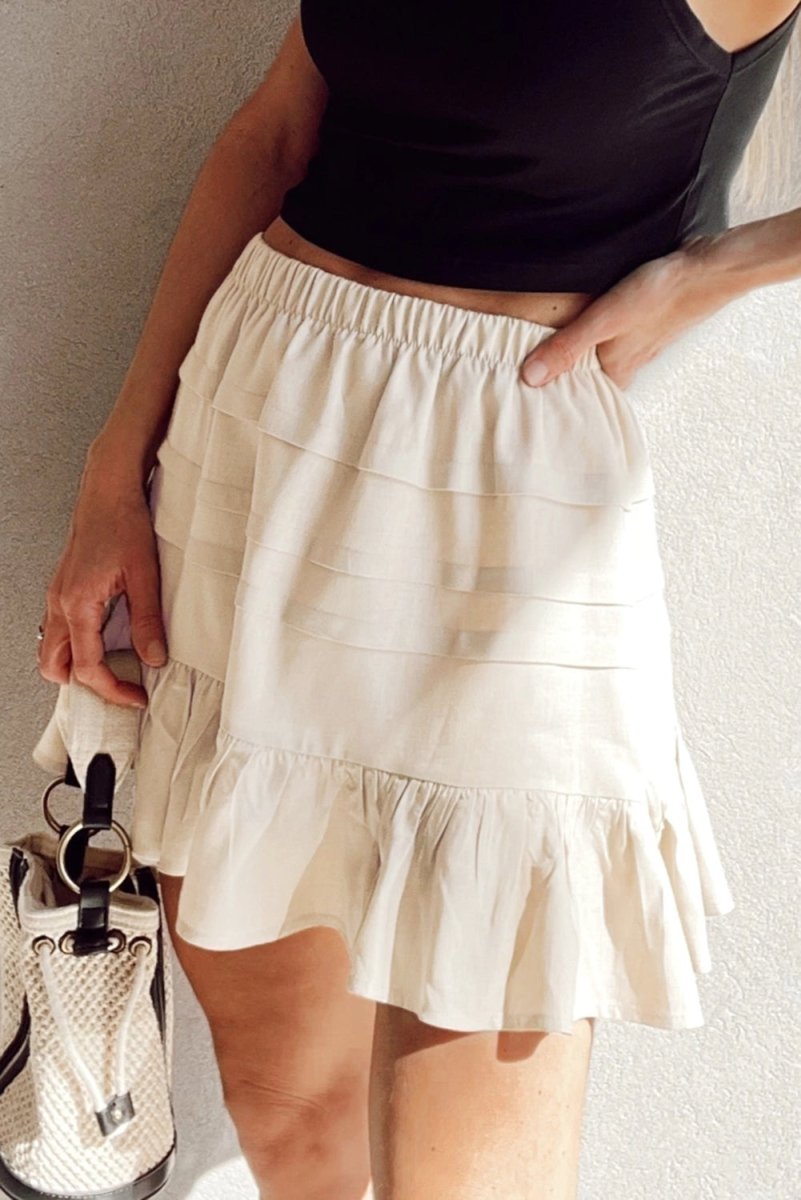 Beige Tiered Ruffled Hemline Elastic Waist Mini Skirt - Love Salve