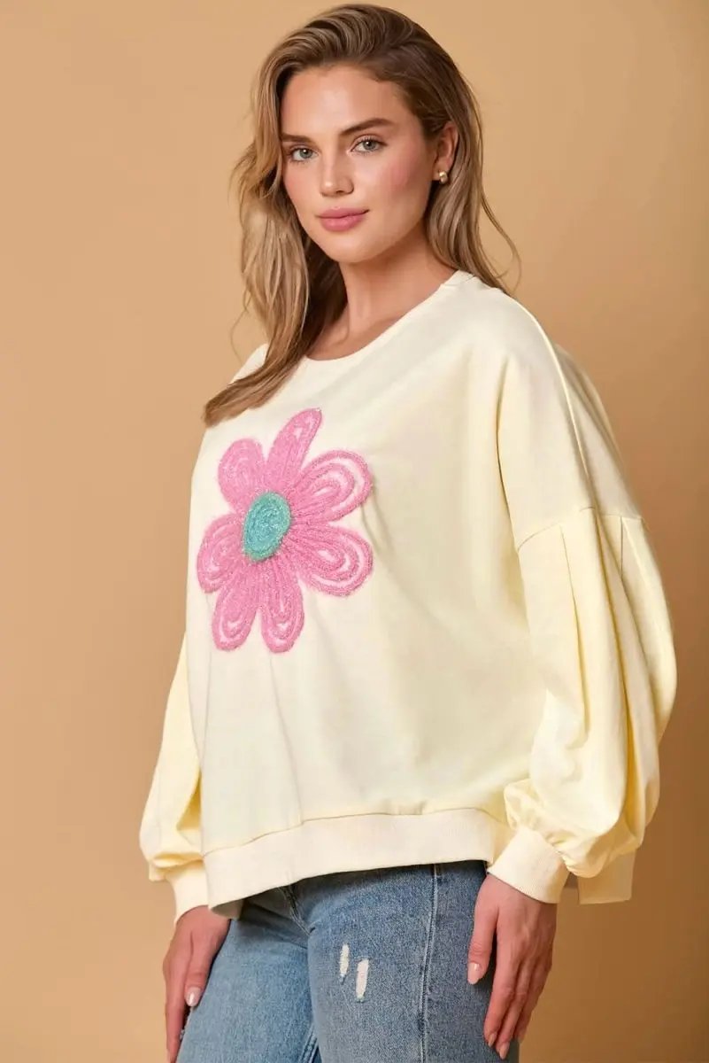 Beige Tinsel Flower Dropped Puff Sleeve Sweatshirt - Love Salve 