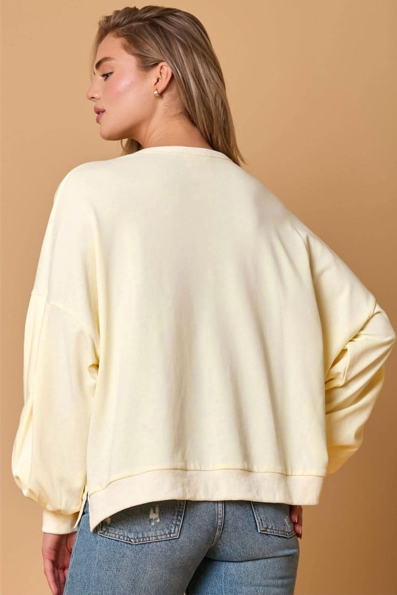 Beige Tinsel Flower Dropped Puff Sleeve Sweatshirt - Love Salve 