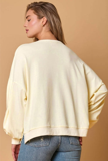 Beige Tinsel Flower Dropped Puff Sleeve Sweatshirt - Love Salve 