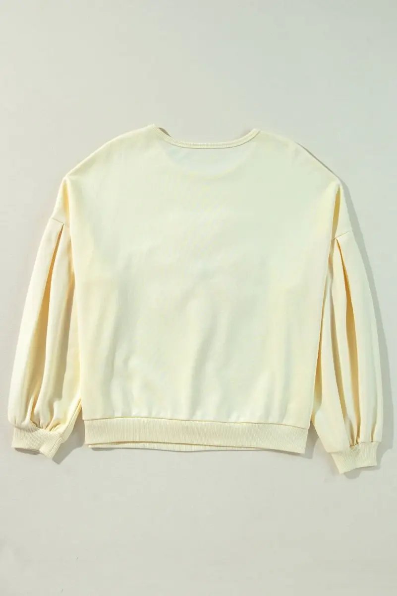 Beige Tinsel Flower Dropped Puff Sleeve Sweatshirt - Love Salve 
