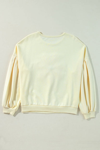 Beige Tinsel Flower Dropped Puff Sleeve Sweatshirt - Love Salve 