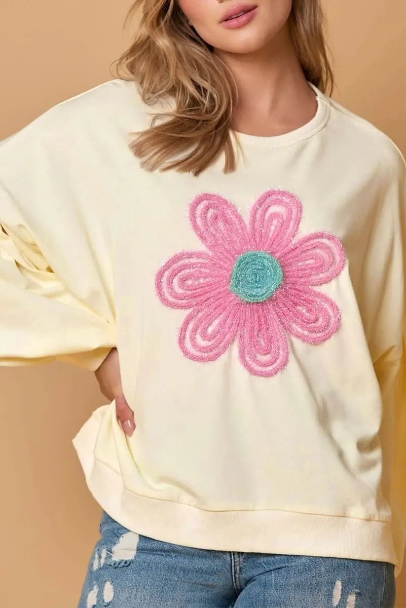 Beige Tinsel Flower Dropped Puff Sleeve Sweatshirt - Love Salve 