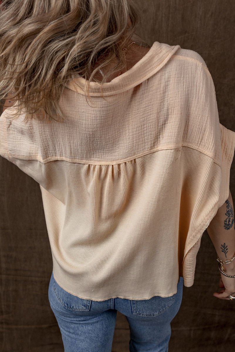 Beige Waffle Splicing Short Batwing Sleeve Flap Detail Shirt - Love Salve 
