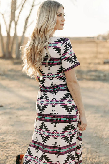 Beige Western Aztec Printed Long T-shirt Dress for Women - Love Salve 
