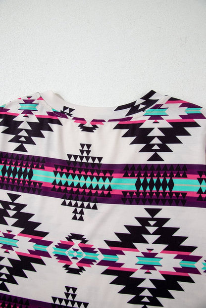 Beige Western Aztec Printed Long T-shirt Dress for Women - Love Salve 