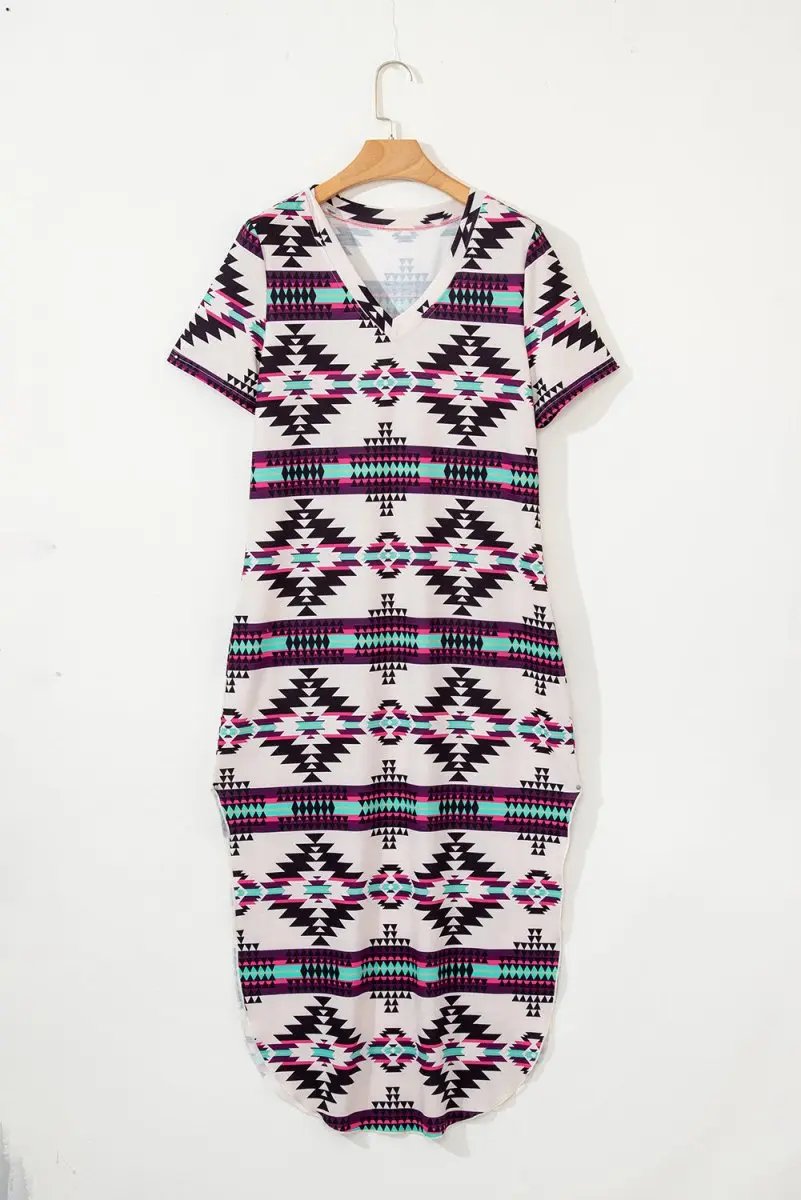 Beige Western Aztec Printed Long T-shirt Dress for Women - Love Salve 