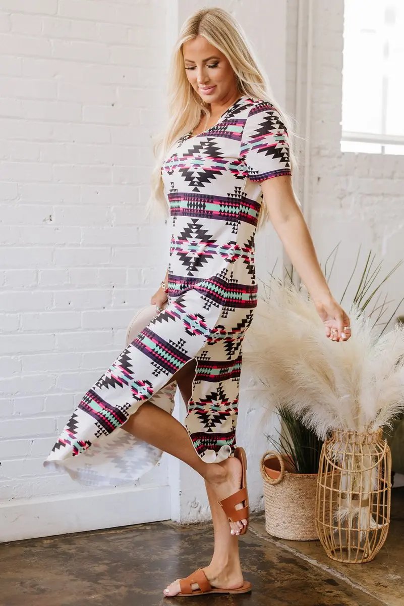 Beige Western Aztec Printed Long T-shirt Dress for Women - Love Salve 