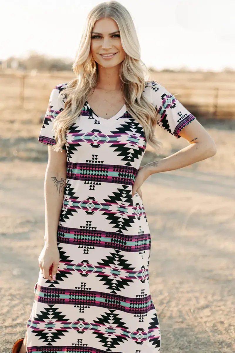 Beige Western Aztec Printed Long T-shirt Dress for Women - Love Salve 