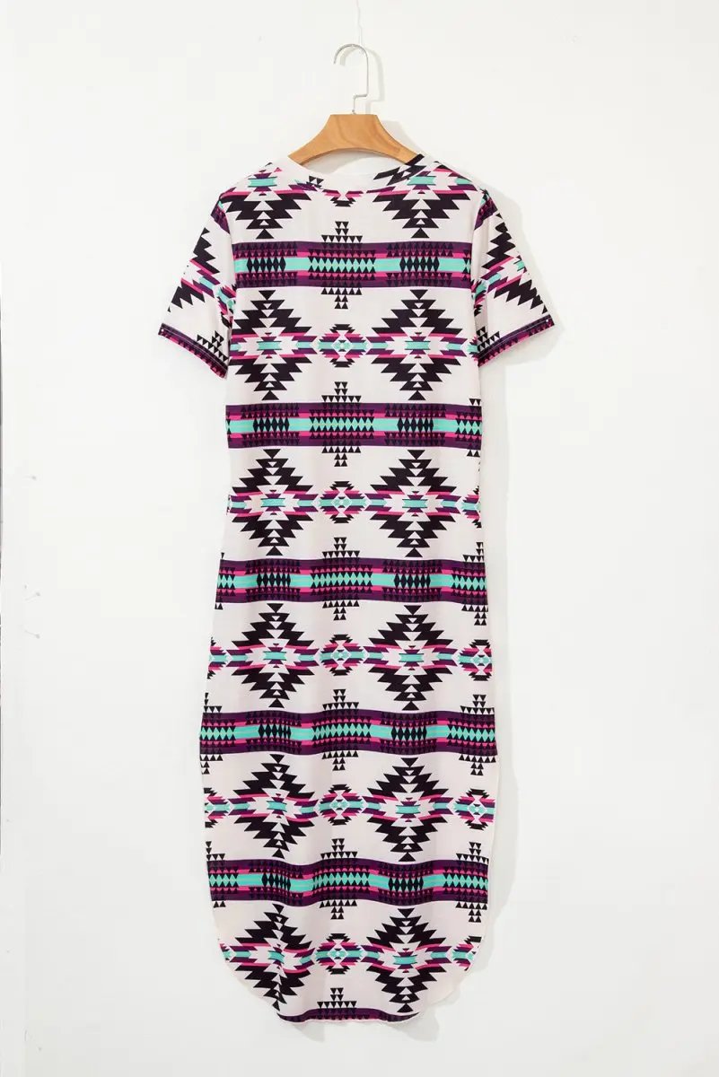 Beige Western Aztec Printed Long T-shirt Dress for Women - Love Salve 
