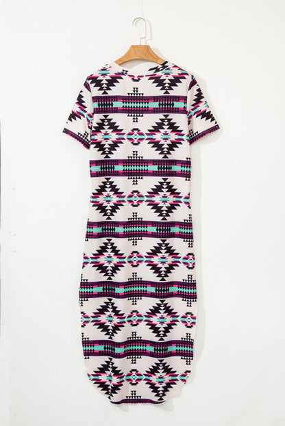 Beige Western Aztec Printed Long T-shirt Dress for Women - Love Salve 