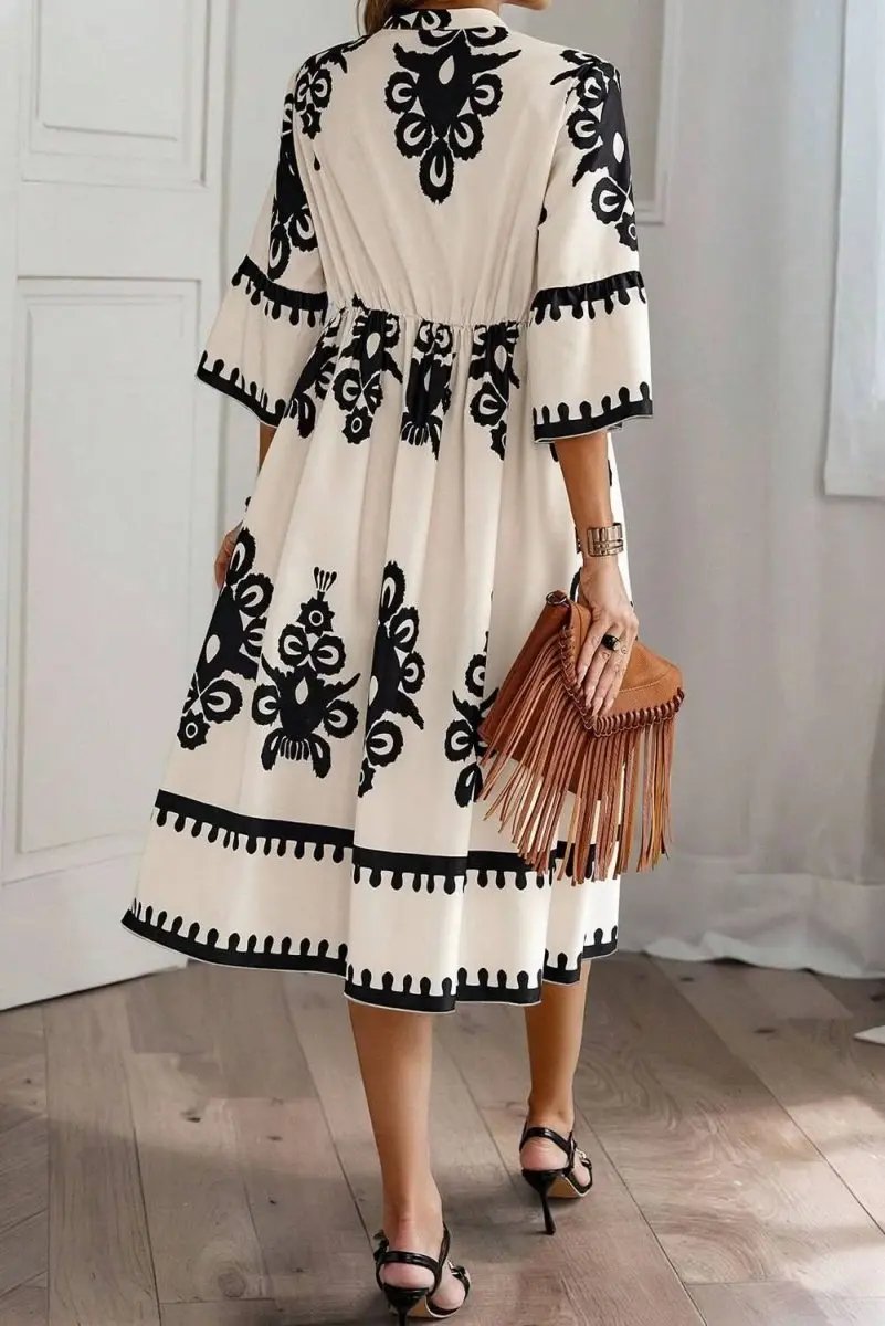 Beige Western Geometric Print 3/4 Sleeve Loose Midi Dress - Love Salve 