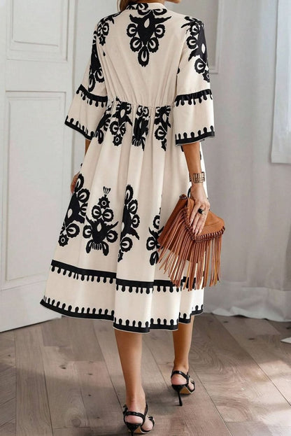 Beige Western Geometric Print 3/4 Sleeve Loose Midi Dress - Love Salve 