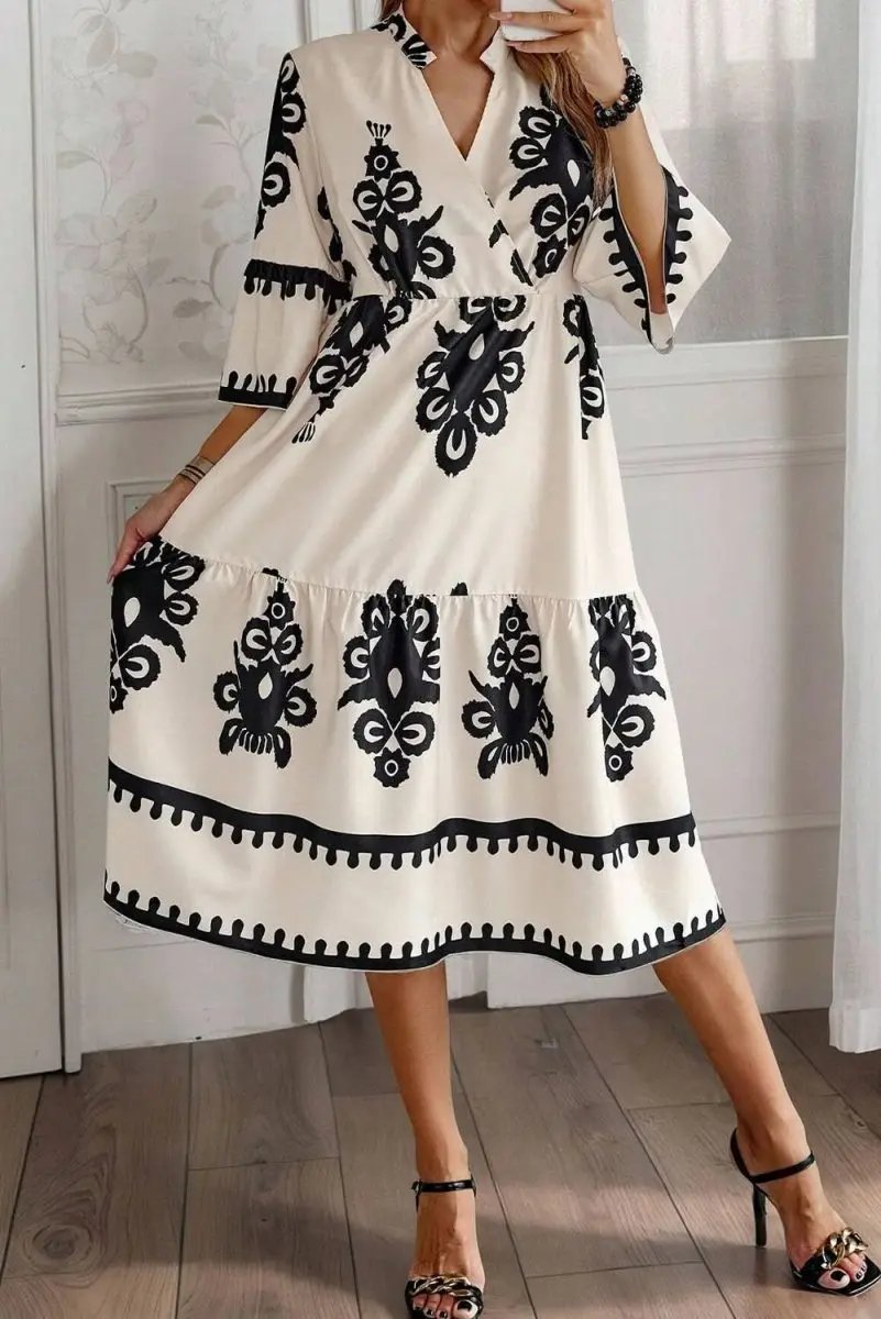 Beige Western Geometric Print 3/4 Sleeve Loose Midi Dress - Love Salve 