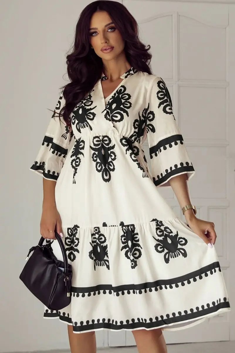 Beige Western Geometric Print 3/4 Sleeve Loose Midi Dress - Love Salve 