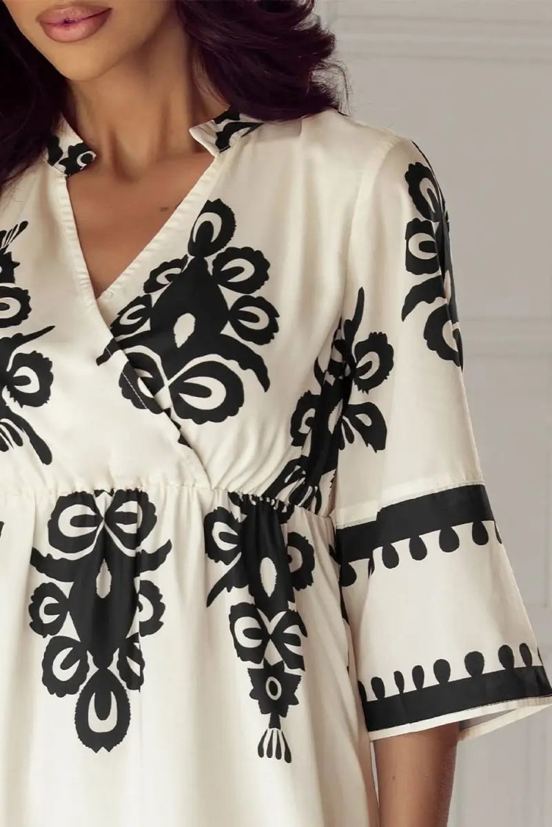 Beige Western Geometric Print 3/4 Sleeve Loose Midi Dress - Love Salve 