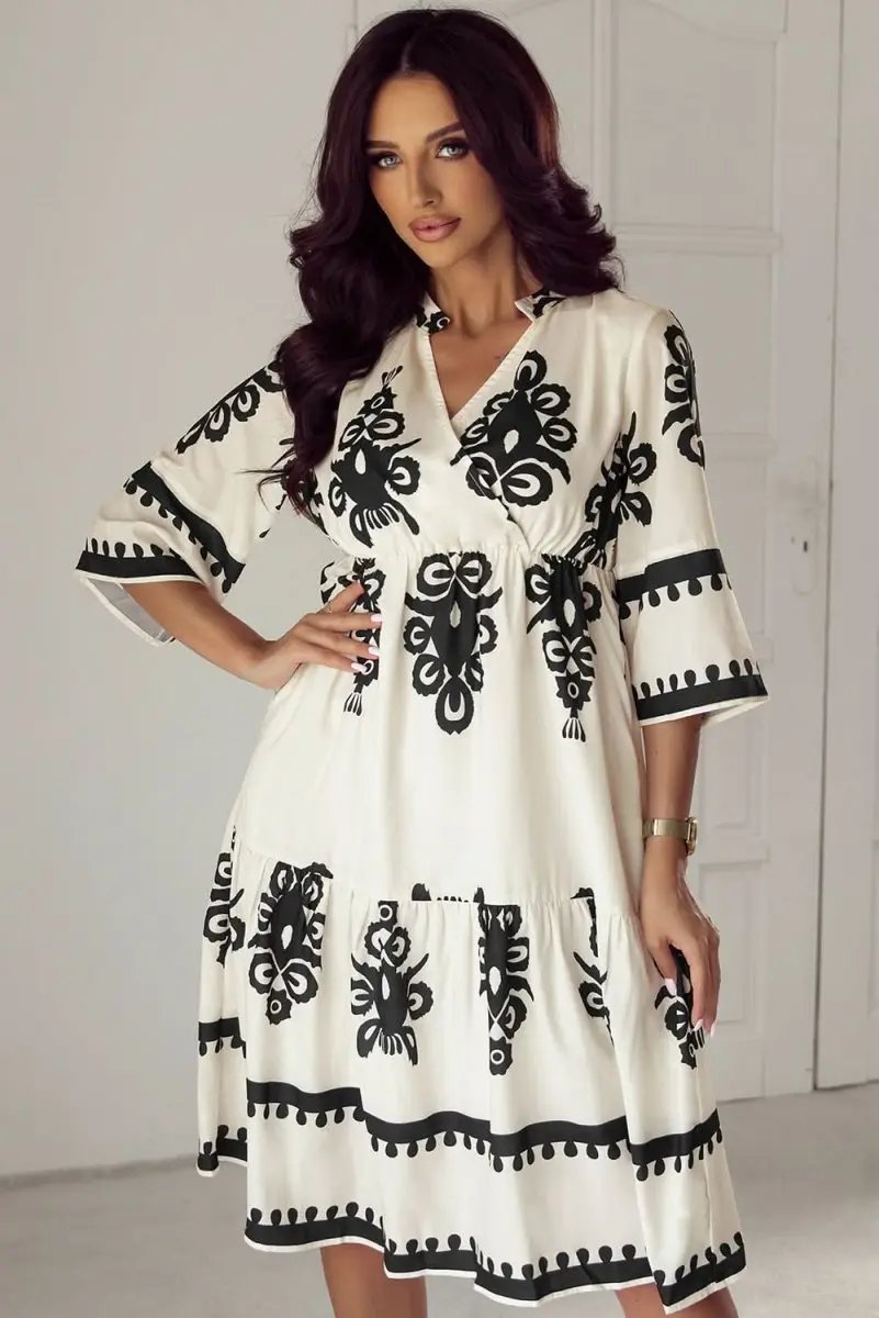 Beige Western Geometric Print 3/4 Sleeve Loose Midi Dress - Love Salve 
