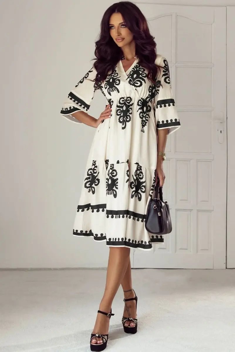Beige Western Geometric Print 3/4 Sleeve Loose Midi Dress - Love Salve 