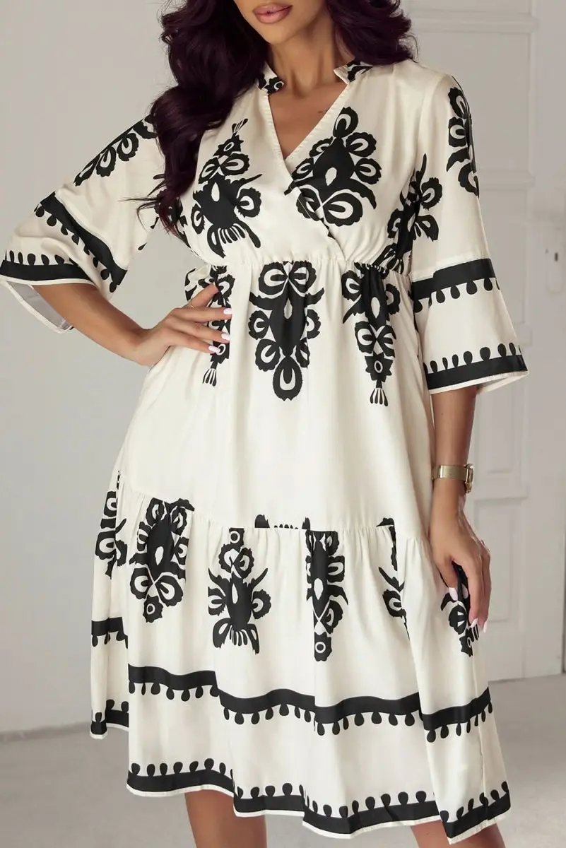 Beige Western Geometric Print 3/4 Sleeve Loose Midi Dress - Love Salve 
