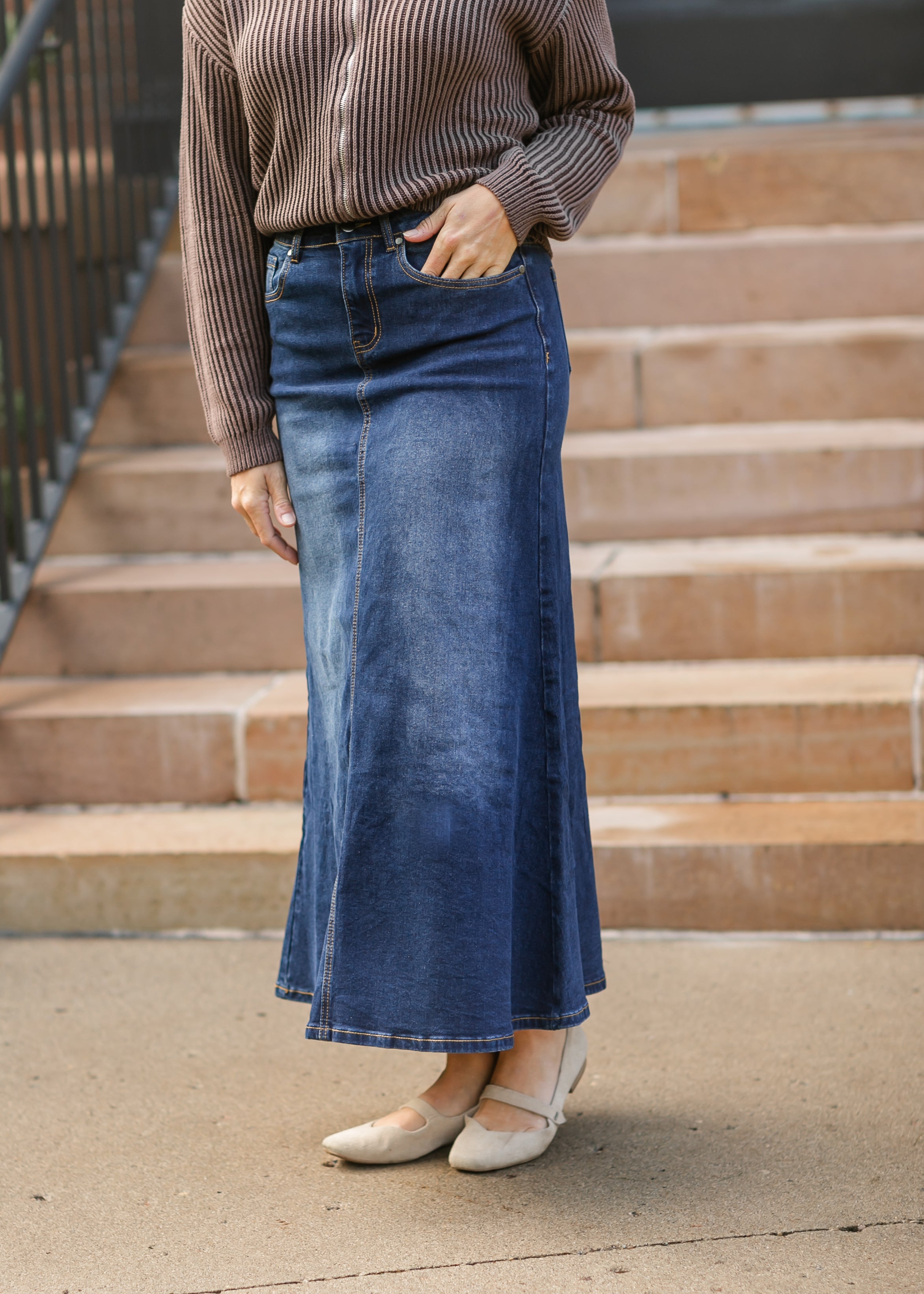 Bethany Dark Wash A-line Long Denim Skirt Inherit Co.
