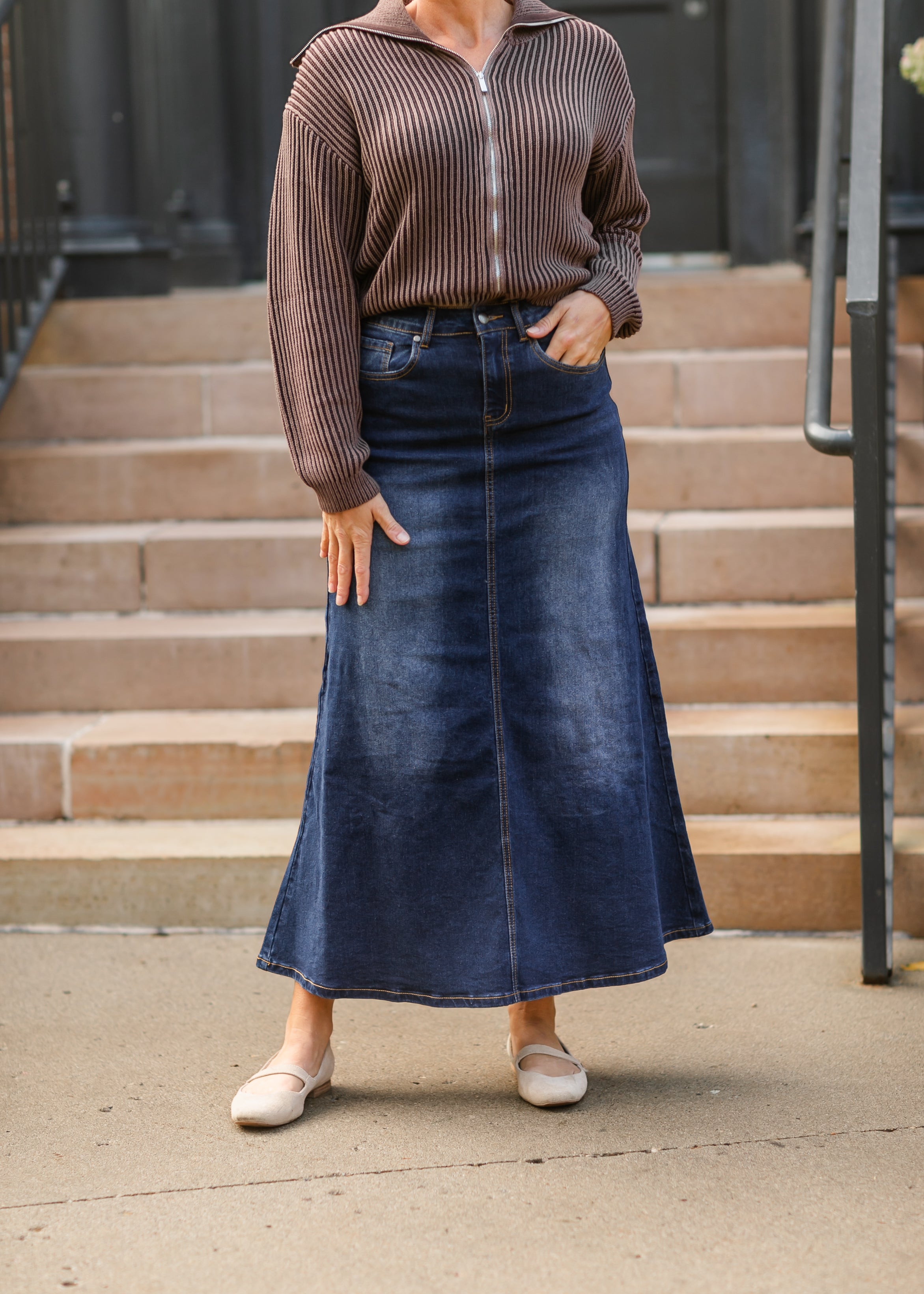 Bethany Dark Wash A-line Long Denim Skirt Inherit Co.