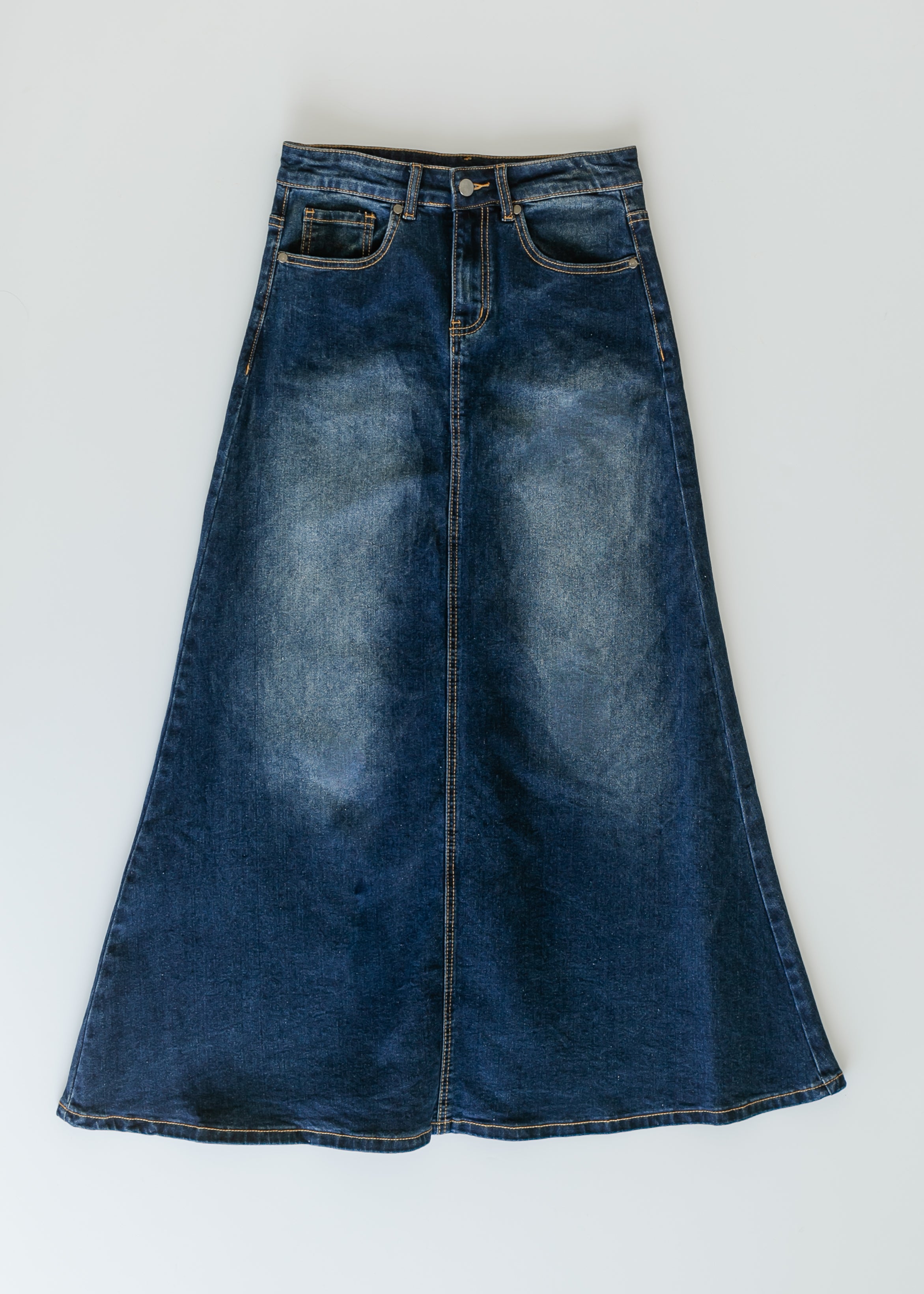 Bethany Dark Wash A-line Long Denim Skirt Inherit Co.
