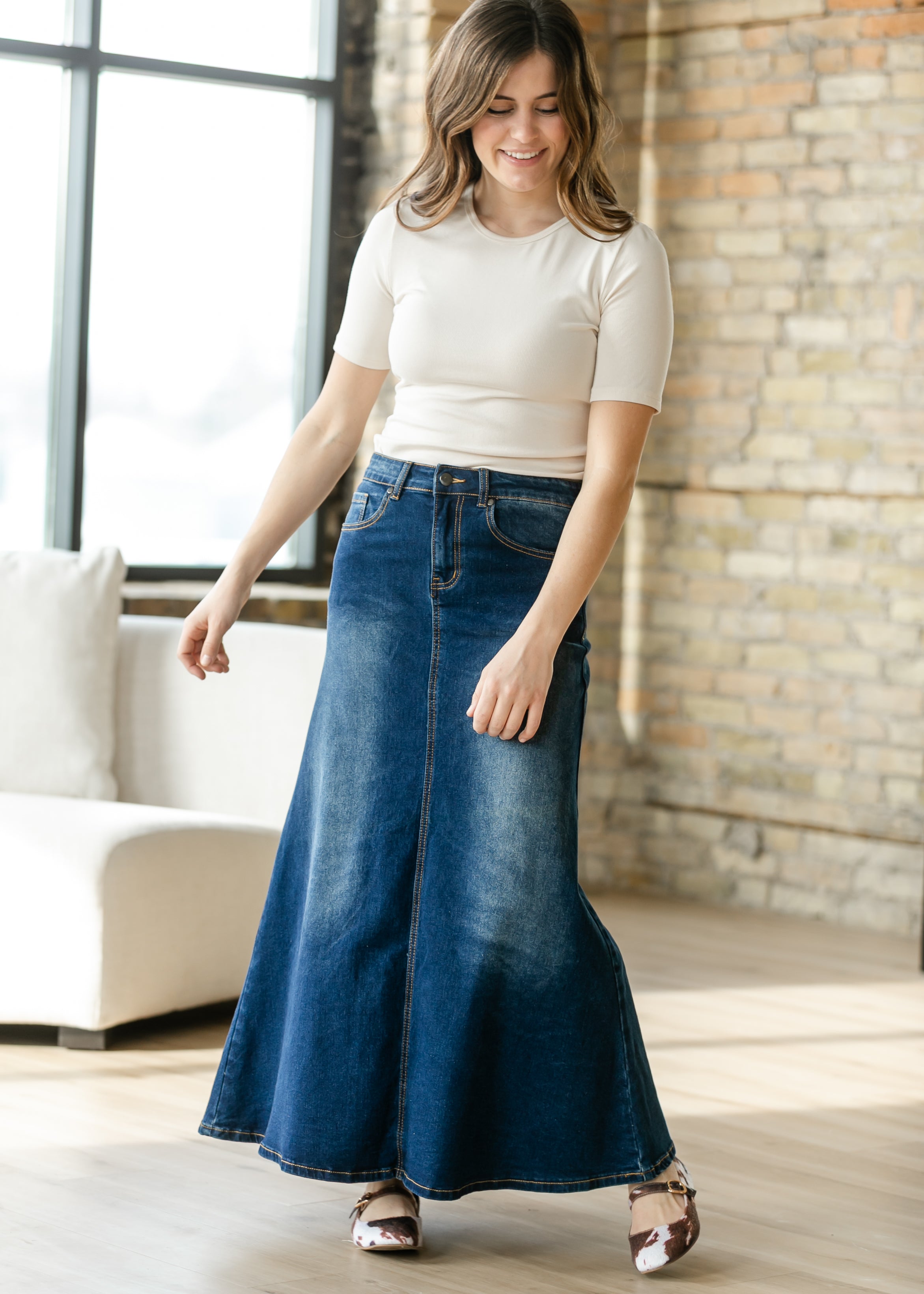 Inherit Co. Bethany Dark Wash A-line Long Denim Skirt, styled for a comfortable and modest everyday outfit.