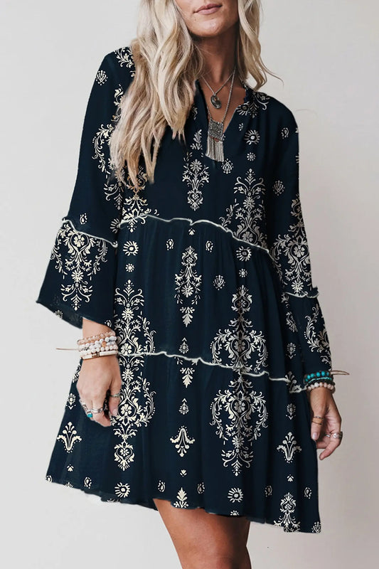 Blue Boho Floral Print Lettuce Trim Mini Dress With Three Quarter Sleeves Dear-Lover Dropshipping