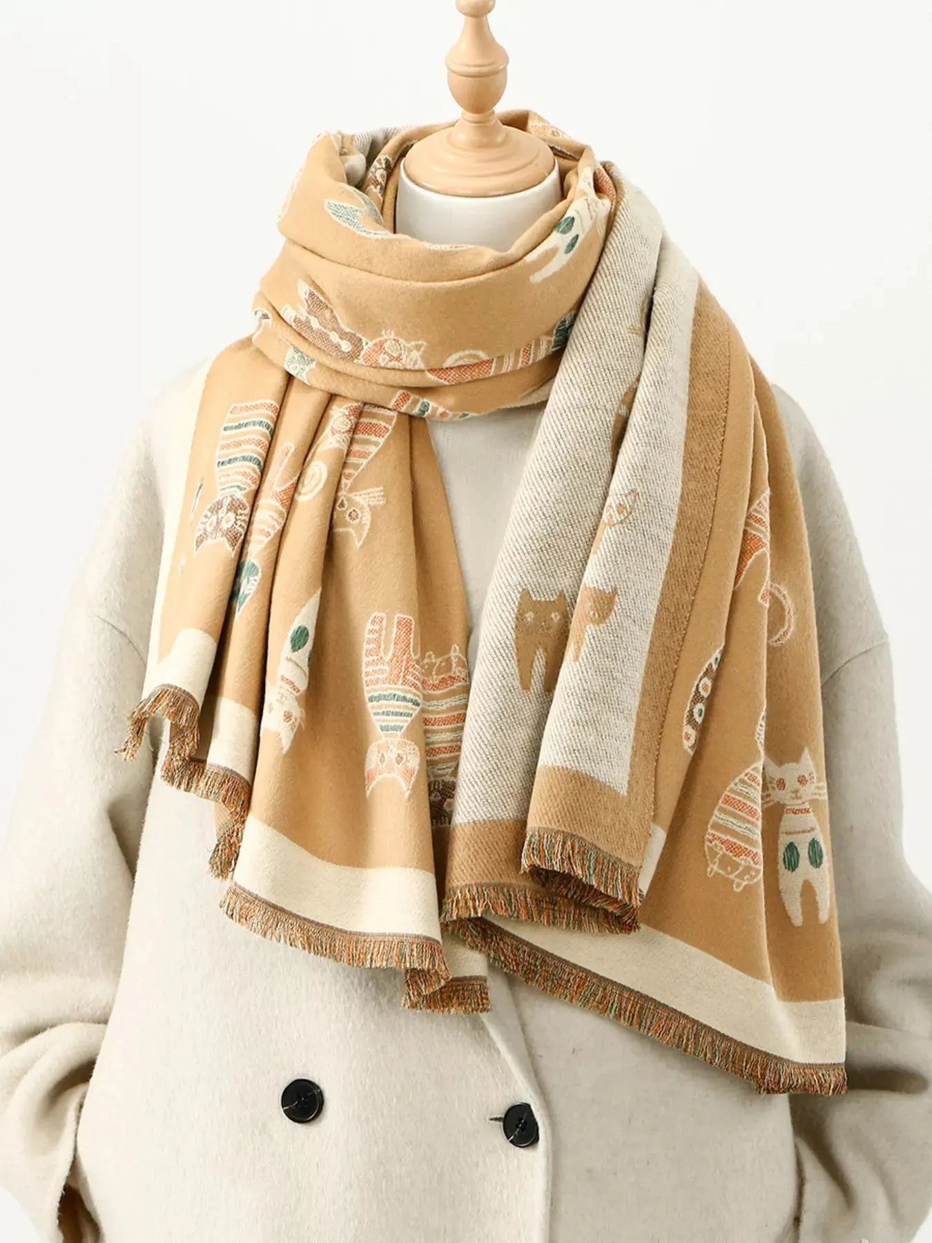 Cute Cat Pattern Raw Hem Scarf Simply Love