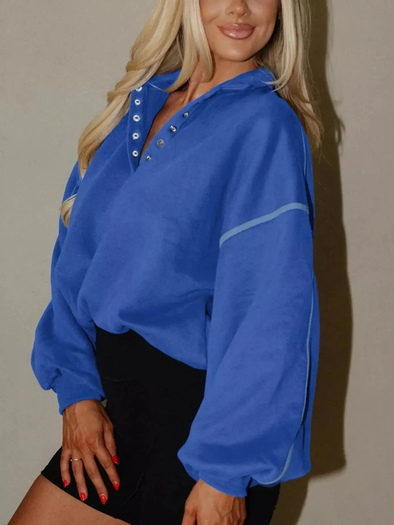 Blue Half Snap Dropped Shoulder Sweatshirt Oversized Simply Love