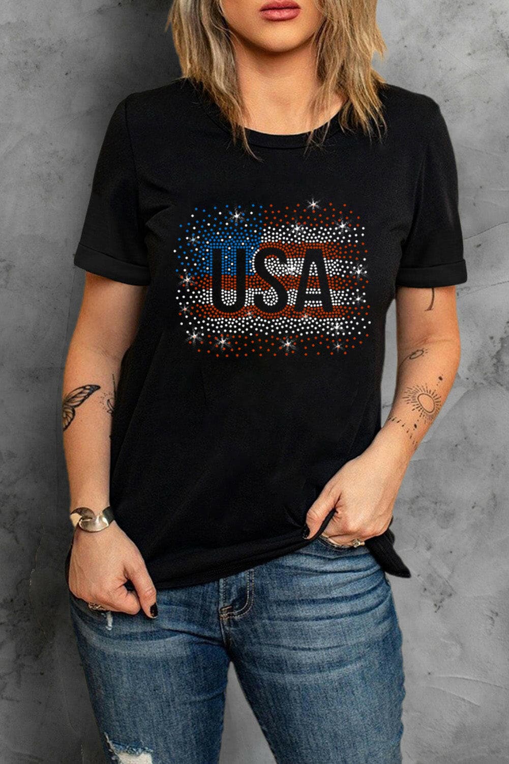 USA Rhinestone Round Neck Short Sleeve T-Shirt.