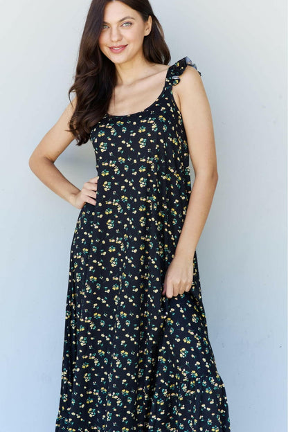 Doublju In The Garden Ruffle Floral Maxi Dress in  Black Yellow Floral.