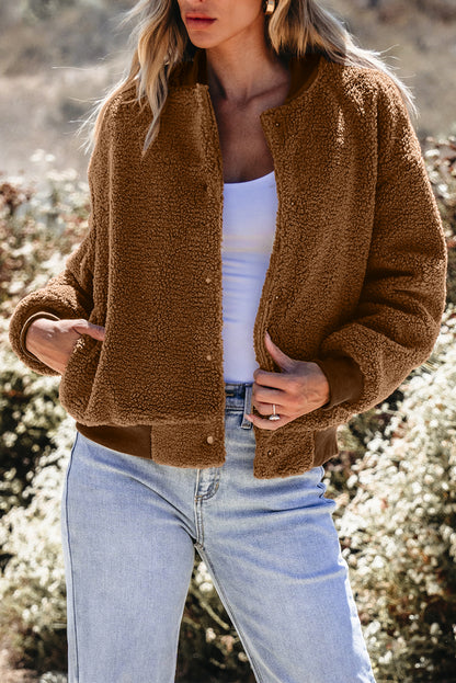 Redwood burl sherpa bomber jacket with baseball collar