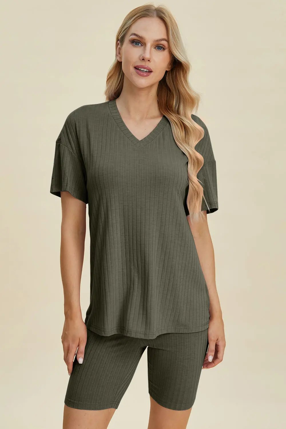 Basic Bae Full Size Ribbed V-Neck Short Sleeve Top and Shorts Set - Love Salve